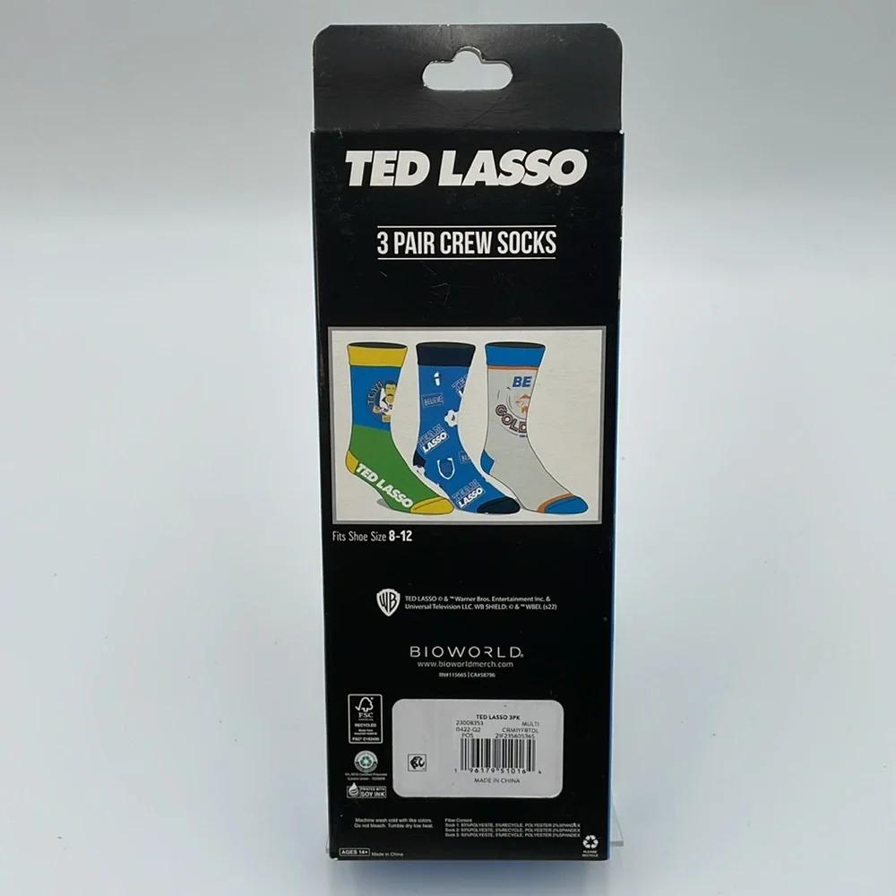 𝅺TED LASSO 3 Pair Men’s Crew Socks‎ Shoe Size 8-12 - New in retail packaging